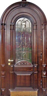 Арочная металлическая дверь массив со стеклом и ковкой ДА-50 в Воронеже