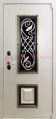 Белая стальная дверь с ковкой со стеклопакетом и МДФ ДК-30 в Воронеже