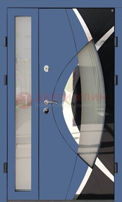 Синяя металлическая дверь со стеклом и узором ДС-13 в Воронеже