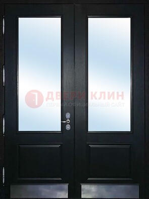 Черная двухстворчатая металлическая дверь со стеклом ДС-25 в Воронеже
