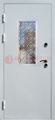 Серая металлическая дверь со стеклом и ковкой ДС-75 в Воронеже