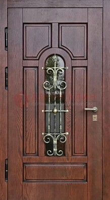 Cтальная дверь со стеклом и ковкой в коричневом цвете ДСК-119 в Воронеже