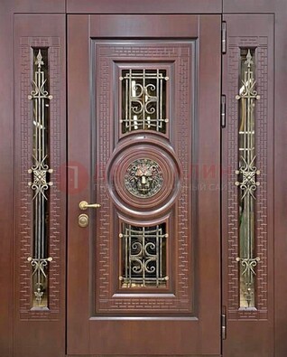 Коричневая стальная дверь со стеклом и ковкой ДСК-147 с фрамугами в Воронеже