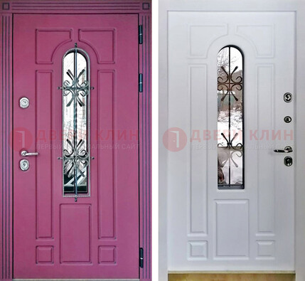 Розовая металлическая дверь со стеклом и ковкой ДСК-151 в Воронеже