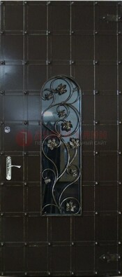 Высокая железная дверь со стеклом и ковкой ДСК-15 в Воронеже