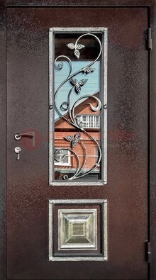 Коричневая стальная дверь порошок со стеклом и ковкой ДСК-163 в Воронеже