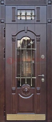 Металлическая дверь массив со стеклом и ковкой с фрамугой ДСК-249 в Воронеже