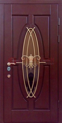 Бордовая стальная дверь Винорит со стеклом и ковкой ДСК-263 в Воронеже
