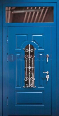 Синяя железная филенчатая дверь со стеклом и ковкой ДСК-97 в Воронеже