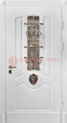 Белая металлическая дверь с виноритом и стеклом с ковкой ДВТ-165 в Воронеже