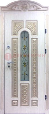 Белая железная дверь с МДФ и витражом ВЖ-26 в Воронеже
