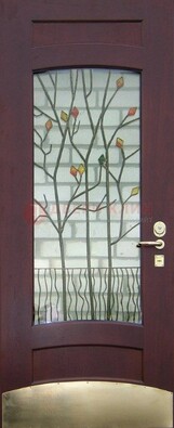 Бордовая стальная дверь с витражом и декоративным элементом ВЖ-3 в Воронеже